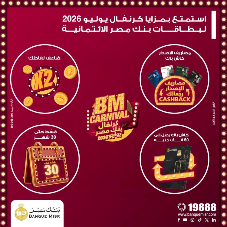 بنك مصر يطلق "كرنفال بنك مصر" خلال شهر يوليو 2026 بعروض مميزةلحاملي بطاقاته الائتمانية
