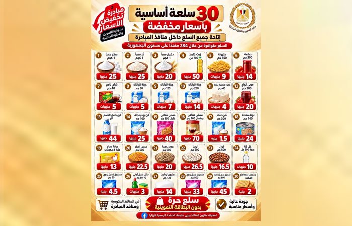 وزارة التموين تواصل طرح 30 سلعة بأسعار مخفضة ضمن مبادرة خفض الأسعار
